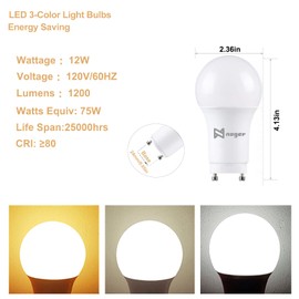 Noger GU24 LED Light Bulb, 3 Color Temperature LED Bulb 3000K-5000K-4000K, Non-Dimmable, Efficient 12W, 1200 Lumen 2 Prong Light Bulbs, Ideal for Kitchen, Living Room, Bedroom, ETL FCC Listed, 4 Pack