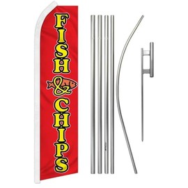 Fish & Chips (Red & Yellow) Advertising Super Swooper Flag & Flag Pole Kit & Ground Spike