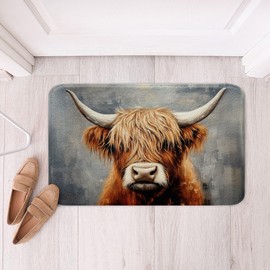 Loussiesd Highland Cow Bath Mat 50 x 80 cm Highland Cattle Bath Mat Animal Bath Mats Washable Wild Animals Bath Mat Room Decor Grey Orange Bath Mat
