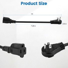1 Ft 360° Rotating Flat Plug Extension Cord, 3 Prong Grounded Wire 16 AWG Power Cord, 125V/13A, Black Short Power Extender Cable for Indoor, Home Office, Travel, Compact Areas Use