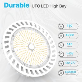HYPERLITE UFO LED High Bay Lights: 150W High Bay LED Shop Light 21,000LM 5000K, 1-10V Dimmable UFO Lights with 110V Plug 5FT Cable, UL Listed High Bay LED Lights for Warehouse Garage Workshop