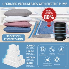 24 Vacuum Storage Bags with Electric Pump, Vacuum Sealed Storage Bags (4Jumbo/4Large/8Medium/8Small), Space Saver Vacuum Seal Bags for Clothing, Comforters, Pillows, Towel, Blanket Storage, Bedding
