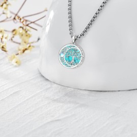 LOOVE Tree of Life Urn Necklace Sterling Silver Cremation Necklace for Ashes Moonstone Tree Urn Necklace Turquoise Urn Necklace for Women Grandma Celtic Moon Urn Jewelry