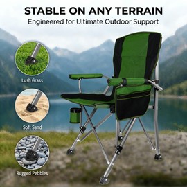 Oversized Camping Chair for Adults, 400 LBS Heavy Duty Folding Lawn Chair with Cushioned Armrests, Swivel Feet, Cup Holder, Side Pocket & Carry Bag, Portable for Camping Fishing Beach, Green