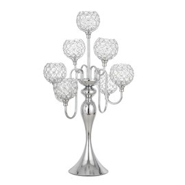 LANLONG Silver Candle Holders for Table Centerpiece 7 Arms Tall Crystal Candelabra Home Wedding Decor Christmas Decorations Centerpieces for Dinner Party Events