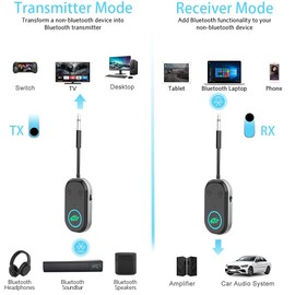 Bluetooth 5.3 Transmitter Receiver, 28H Long Playtime, Dual Connection, 10m Range, Mic for Calls, 2-in-1 Wireless Aux Bluetooth Adapter for TV, Airplane, Headphone, Airpods, Speaker, Car (BR08)