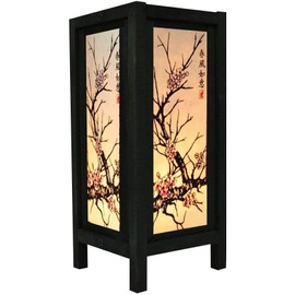 RED BERRY THAILAND LANNA LAMP-Cherry Blossom Japanese Oriental Lamp, Handmade 11" Wood Table Lamp, Asian Vintage Lighting for Home Décor GW45
