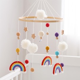 Herfair Mobile Baby Rainbow Baby Bed Wooden Wind Chimes with Ball, Baby Mobile, Pendant Baby Room Decoration, Newborn Gift for Boys Girls (Red)