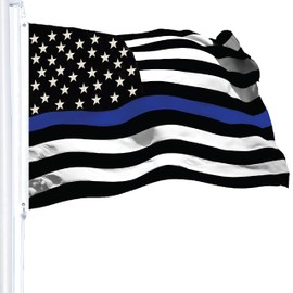 G128 - Thin Blue Line Flag 2x3 FT Embroidered Heavy Duty 220GSM Tough Spun Polyester U.S. American Flag Brass Grommets Honoring Men and Women of Law Enforcement Black White and Blue US Flag