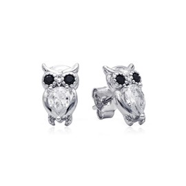EVENSEE 925 Silver Owl Earrings for Women, Jewellery with Black Gemstone Eyes and Transparent Crystal Stud Earrings, Exclusive Fashion Jewellery Gifts for Women, Sterling Silver, Crystals