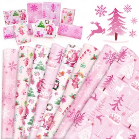 HOWAF 8 Pink Christmas Wrapping Paper, Pink Wrapping Paper Christmas, Xmas Wrapping Paper, Christmas Tree Reindeer Snowflakes for DIY Craft Gift for Christmas, Birthday, Festival Gift Decoration