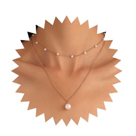 Allereya Vintage Layered Pearl Pendant Necklace Pearl Choker Necklace Gold Pearl Station Chain Necklace Round Pearl Necklace Jewelry for Women and Girls