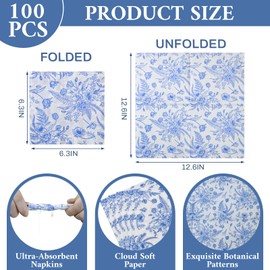 MAONAME 100 PCS Floral Paper Napkins, Blue Guest Napkins, Disposable Hand Towels for Bathroom, Paper Dinner Napkins Decorative for Weddings, Party, Birthday (6.5"X6.5" in)
