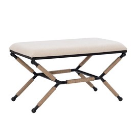 Linon Anna Campaign Accent Bench Black Metal Legs with Rope Detail in Cream