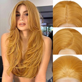 SISICLOUD Honey Blonde Lace Front Wig for Women Pre-Plucked Pre Cut Glueless Long Straight Layered Synthetic Ready to Wear Wig 4x6 HD Lace for Girls Party Cosplay and Daily Use 26 Inch