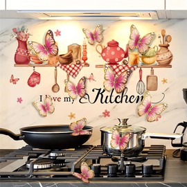 Kitchenware Utensil Shelf 3D Butterfly Pink Wall Stickers, sacinora I Love My Kitchen Wall Decals Removable Vinyl Peel and Stick for Kitchen Dining Restaurant Bar Home Decorations