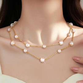 Heclia Gold Pearl Necklace for Women Dainty Gold Plated Layered Pearl Choker Necklace Chunky Drop Double Layered Pearls Necklaces Trendy Statement Chain Pearls Necklaces for Women Jewelry Gifts