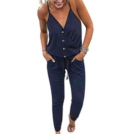 PRETTYGARDEN Overol casual de verano para mujer, cuello en V, sin mangas, pantalones de una pieza con bolsillos, Azul marino, XL