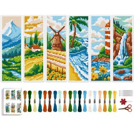 ACRNIGHEET 6pcs Cross Stitch Bookmark Kits, Landscape DIY Cross Stitch Bookmarks, Embroidery Bookmark Cross Stitch Kits with Scenery Pattern, Stamped Cross Stitch Kit Bookmark for Beginners Adults