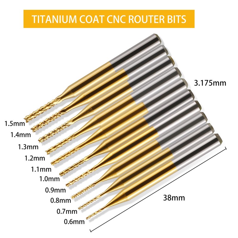 End Mill Sets,10Pcs Titanium Coat End Mill,1/8" Shank 0.6-1.5mm Micro