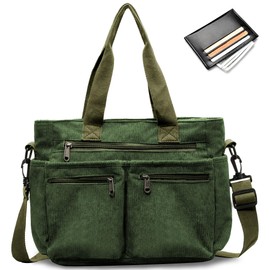Tokeya Women's Handbag, Corduroy Shoulder Bag, Women's Medium Tote Bag with Multiple Pocket Compartments, Corduroy Crossbody Bag, Women Shopper Shoulder Bag for Work, Office, Travel, Shopping, Green