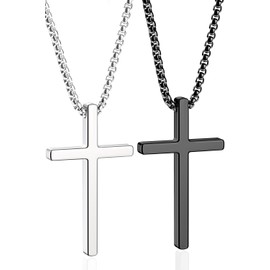Romass 2 Pcs Cross Necklace for Men Boys,Stainless Steel Pendant Silver Black Crosses Chain Jewelry Gifts Box 16-30 inches（16in,Cross Pendant 1.7"*1.0",Silver/Black）