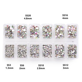 Zealer 1800pcs Crystals AB Nail Art Rhinestones Round Beads Top Grade Flatback Glass Charms Gems Stones for Nails Decoration Crafts Eye Makeup Clothes Shoes 300pcs Each (Mix SS3 6 10 12 16 20)
