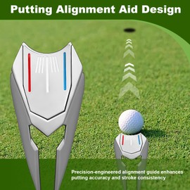 Golf Divot Repair Tool with Magnetic Golf Ball Marker, Putting Alignment Guide Pitch Fork, Premium Pitch Repairer for Golfers Accessories (Silver)