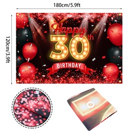 Happy 30th Birthday Banner Backdrop Red and Black 30 Years Old Background Bday Decorations for Women Men Photography Party Supplies Glitter