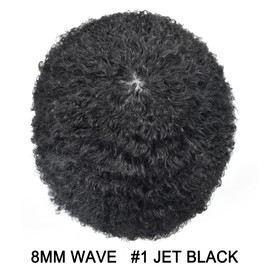 LYRICAL HAIR Afro Weave Hair Unit for Black Men Brazilian Human Hair Replacement System for American African Black Men Injection Full Poly Skin Curly Pieces (1# Jet Black, 8MM Afro Wave)