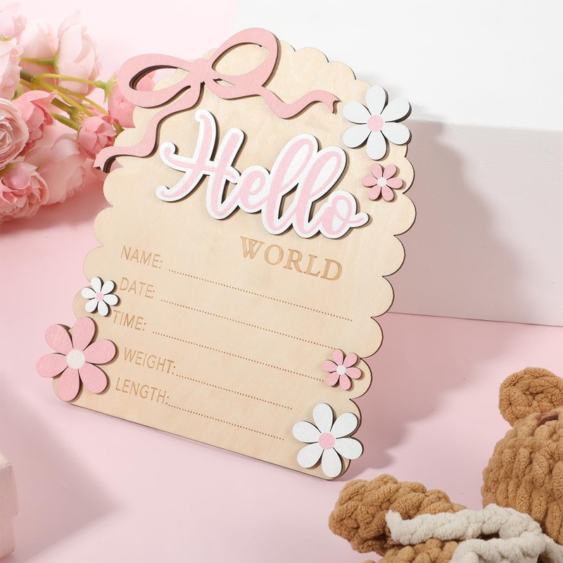 Baby Announcement Sign, Wooden Hello World Newborn Welcome Sign