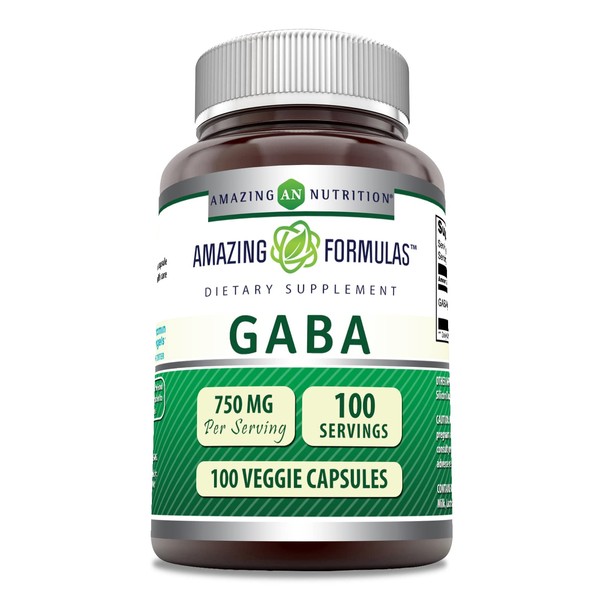 Amazing Formulas Pharma GABA 750mg Per Serving 100 Veggie Capsules Supplement | Non-GMO | Gluten Free | Made in USA | Ideal for Vegetarians