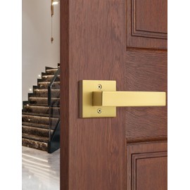 Tinewa 4 Pack Gold Dummy Lever Door Handles for Closets French Doors, Satin Brass Finish, Interior Dummy Door Locksets for Hall Closet Door Knobs Lock Reversible Right & Left Handed