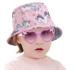 DAVBNM Unicorn Sun Hat and Sunglasses Set for Kids, Summer Accessories Set for Girls, Foldable Bucket Hat, UV Protection Sunglasses, Travel Holiday Unicorn Gifts for Girls