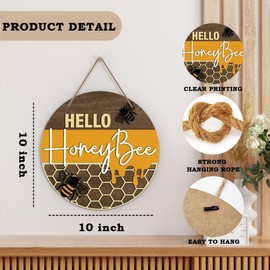 Hello Honey Bee Welcome Door Sign, Bumble Bee Decor Wooden Sign Round Decorative Wall Plaque, Rustic Summer Welcome Sign for Front Door, Farmhouse Porch Yard Hanging Sign Outdoor Decorations -25