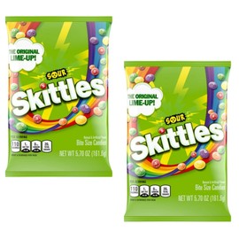Skittle Sours Candy - Pack of 2 - Sour Outside and Sweet Inside - Bite Size Candy - Perfect for Sharing - Strawberry, Grape, Orange, Lemon, and Lime