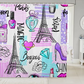 Paris Eiffel Tower Kids Shower Curtains,High Heel Lipstick Makeup Girly Bathroom Curtains for Girls Boys Adults,Eyelash Fashion Colorful Romantic Waterproof Curtains,12 Hooks Suits,72" W x 72" L