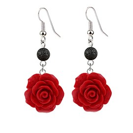 3D Red Rose Flower Blue Evil Eye Earrings Necklace for Women Black Lava-Rock Essential Oil Diffuser Dangle Earring Jewelry (Black)