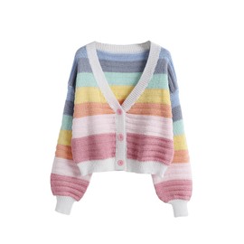 SweatyRocks Women's Color Block V Neck Button Front Knit Cardigan Sweater Outerwear Rainbow M