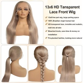 Ash Blonde Lace Front Wig Human Hair, 13x6 Lace Frontal Wig Pre Plucked Glueless Wigs Human Hair for Black Women 24 Inch 180% Density Thick Ends Milk Tea Brown Colored Wigs