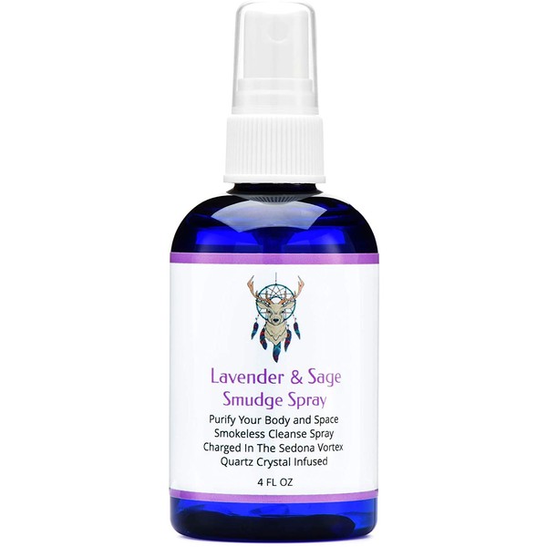 Sage Smudge Spray With Lavender For Cleansing and Clearing Energy (4 ounce) Liquid Blend Alternative To Sticks, Incense Or Bundles: Handmade With Pure Essential Oils and Real Quartz Crystals