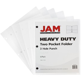 JAM PAPER Heavy Duty Plastic 3 Hole Punch Pocket Folders - Extra Tough School Folders - Clear - 6/Pack