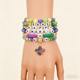 coadipress Mardi Gras Bracelets for Women Polymer Clay Heishi Bead Stretch Bracelet Mask Fleur De Lis Charm Bracelets Carnival Holiday Jewelry (Feather)