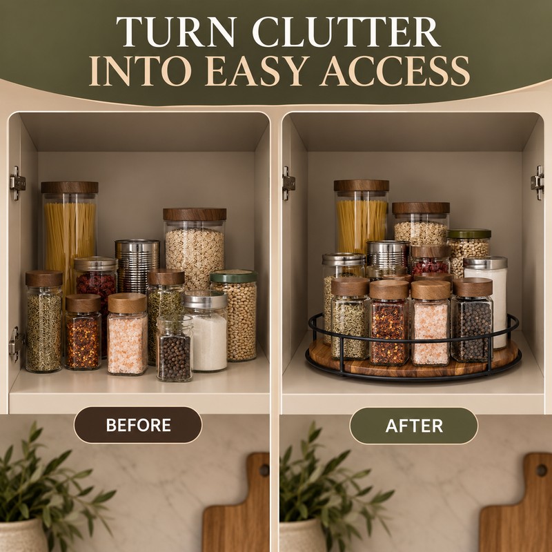 Acacia Wood Lazy Susan Turntable, 360° Rotating Kitchen Countertop Organizer