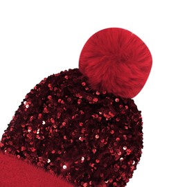 Caviotess Women Sparkly Sequins Knitted Beanie Hat Warm Winter Skull Cap with Faux Fur Pom Pom Red