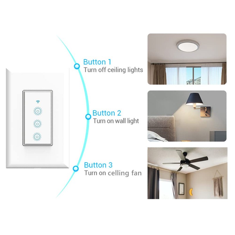 Nexete Smart Wi-Fi Triple Light Switch,3 Individual Single Pole Switch,Remote