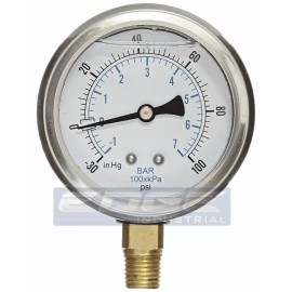 PIC 2 PACK LIQUID FILLED VACUUM GAUGE -30-100 PSI, 2.5" FACE, 1/4" NPT LOWER MOUNT