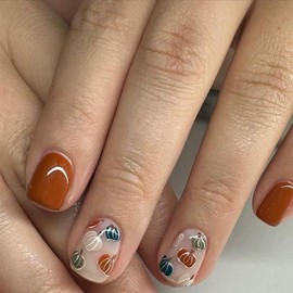 Cute Fall Press on Nails Short Square Fake Nails with Multicolor Pumpkin Designs Thanksgiving False Nail Autumn Gloss Acrylic Stick on Nail for Women 24Pcs