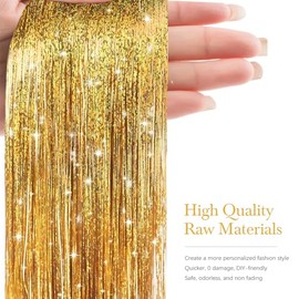 Hair Tinsel 8 Packs 1600 Strands 50 Inch Tinsel Hair Extensions Gold Heat Resistant Glitter Sparkling Shinny Fairy Hair Accessories for Women(Gold, 50
