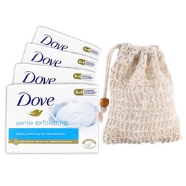 Dove Gentle Exfoliating Moisturising Soap x 4 bars with 1 x Exfoliating Soap Saver Pouch bundle by Wundle (Gentle Exfoliating)